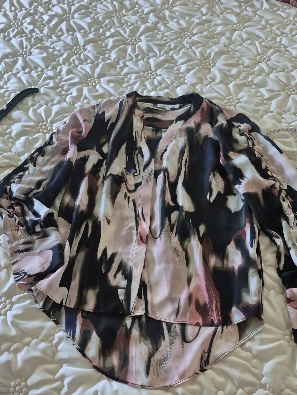 Jennifer Lopez Abstract Watercolor Button-Front Blouse - Black, Pink, Cream